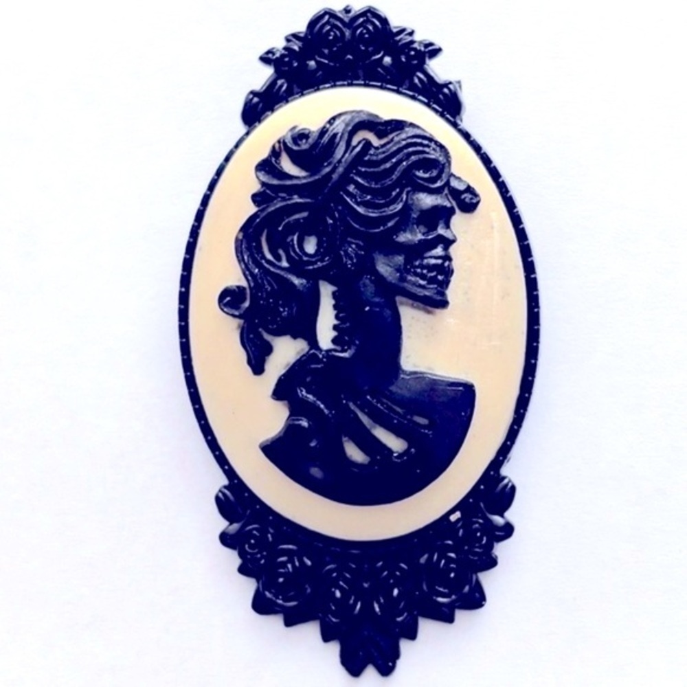 Black and White Skeleton Lady Victorian Cameo Brooch, NWT, Handmade, Unworn